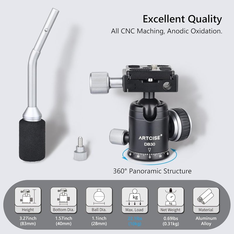ARTCISE Ball Head with Handle All Metal CNC Ball Head with Two Quick Release Plates and Phone Clip for Tripod, Monopod, DSLR, Camcorder, DV, Telescope, Hunting，Max Load 22lb/10kg - Image 2